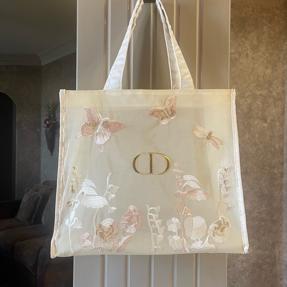 Elegant DIOR Cream Floral Tote Bag